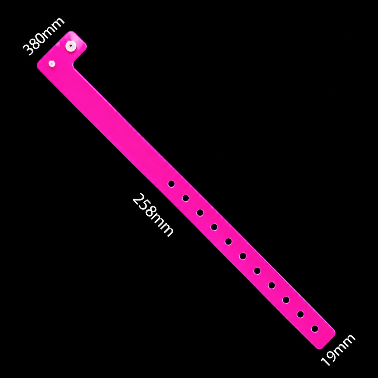 Medidas pulsera de vinilo: 380mm de largo, 258mm de tira, 19mm de ancho
